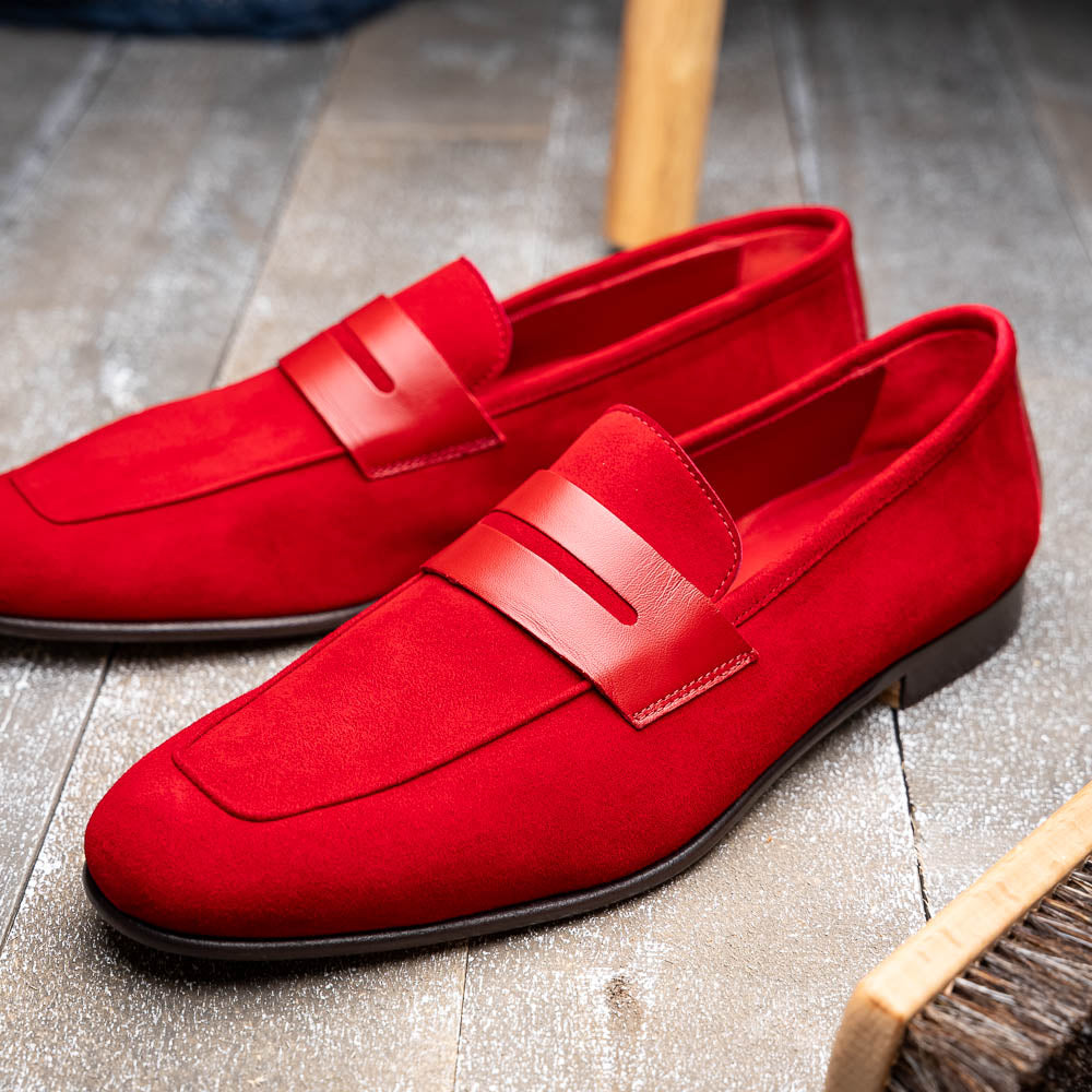 Zelli Tippa Suede / Calfskin Penny Loafers Red (16-672-RED)