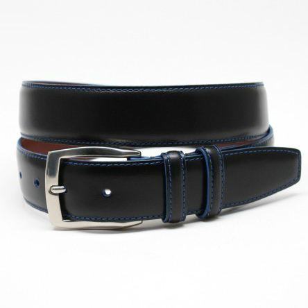 Torino Leather Polished Waxhide Harness Leather Black/Blue Stitch