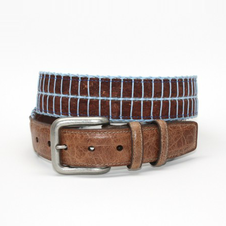 Torino Leather Italian Woven Cork & Waxed Cotton Belt - Brown/Light Blue
