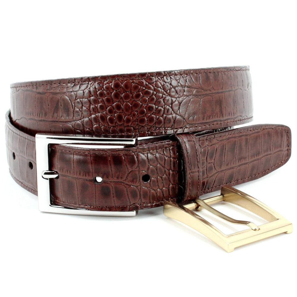 Torino Leather Alligator Grain Embossed Calfskin Belt Acorn Brown