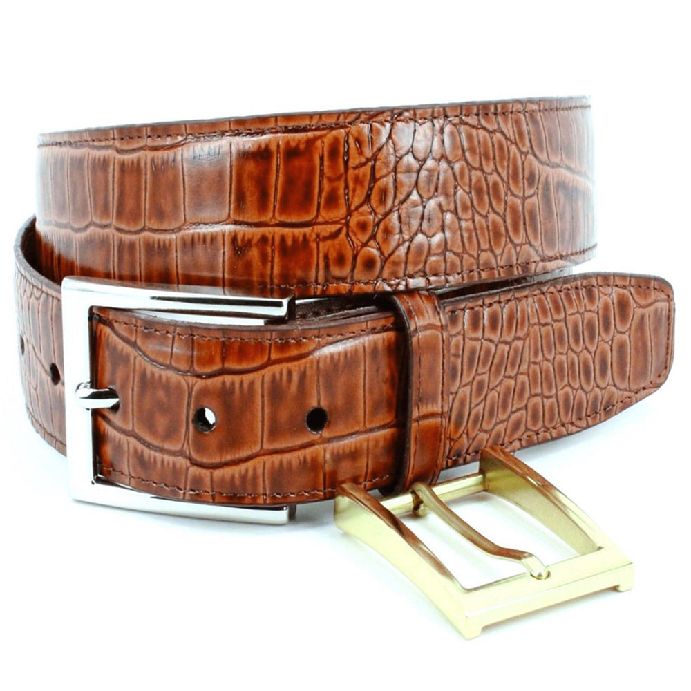 Torino Leather Alligator Grain Embossed Calfskin Belt Saddle Tan