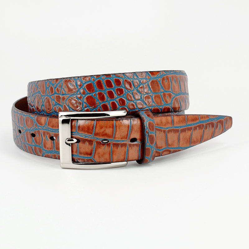Torino Leather Bi-Color Crocodile Embossed Calfskin Belt Tan / Blue