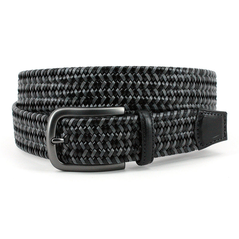 Torino Leather Big & Tall Italian Mini Strand Stretch Lea Braid Belt Black Grey