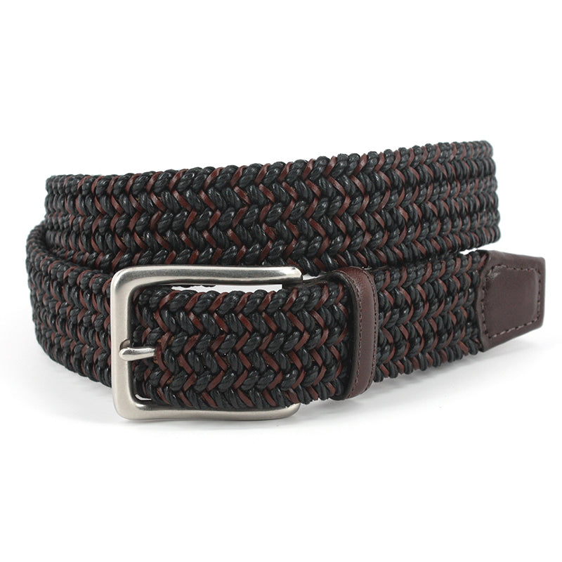 Torino Leather Big & Tall Italian Woven Cotton & Leather Elastic Belt Black Brown