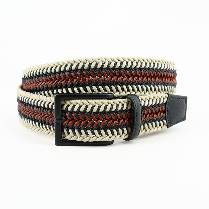 Torino Leather Big & Tall Italian Woven Cotton Leather Belt Taupe Cognac