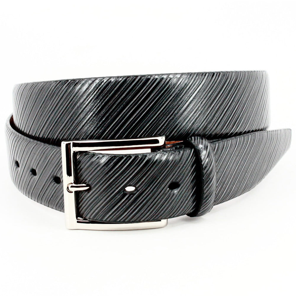 Torino Leather Diagonal Etched Italian Calfskin Dress Casual Belt Black