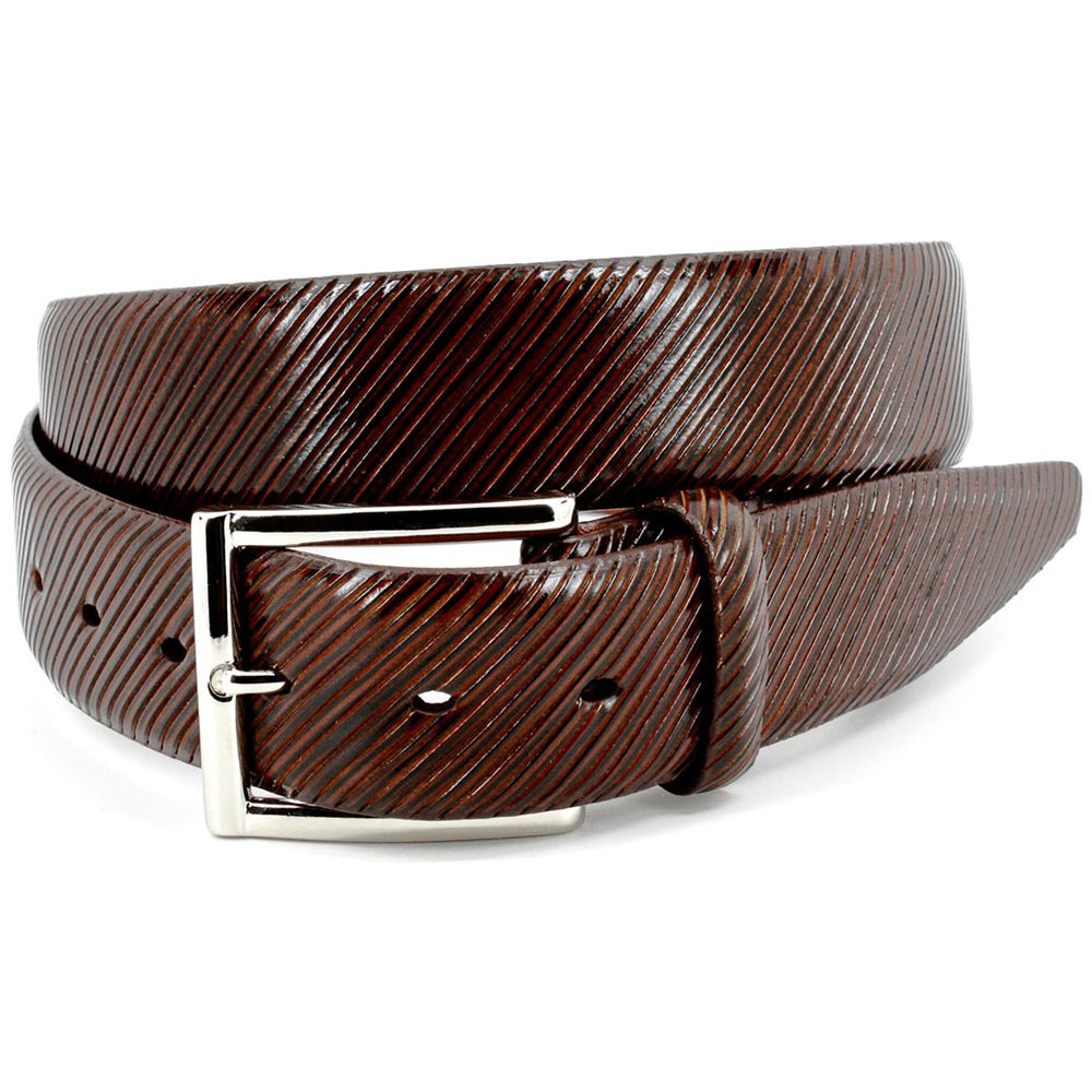 Torino Leather Diagonal Etched Italian Calfskin Dress Casual Belt Chocolate Brown