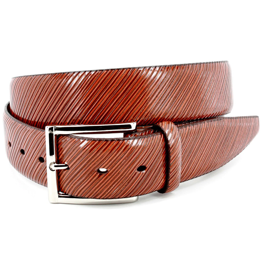 Torino Leather Diagonal Etched Italian Calfskin Dress Casual Belt Cognac