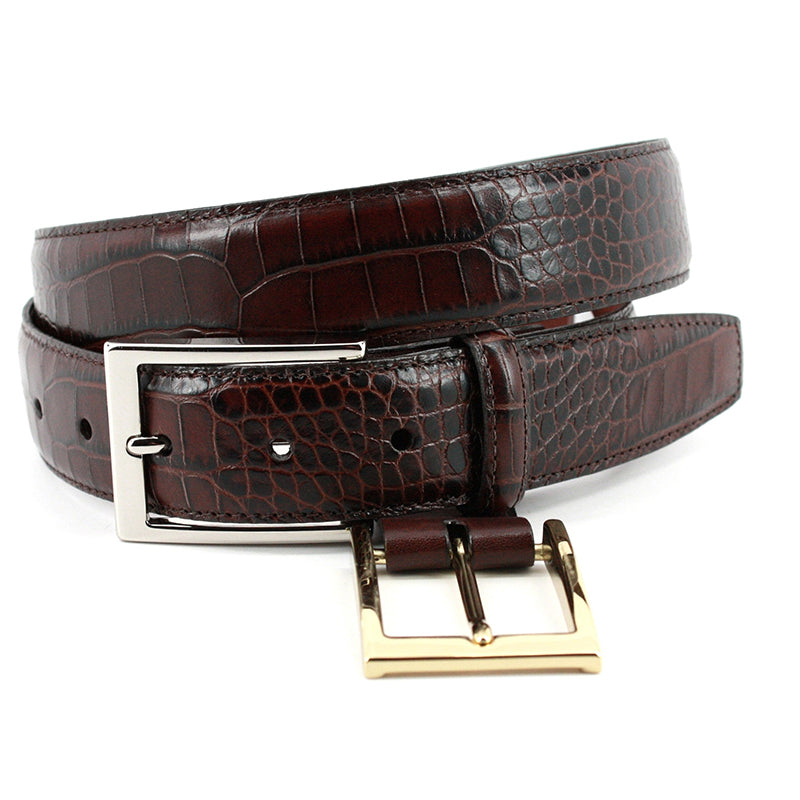 Torino Leather Embossed Alligator Grain Calfskin Belt Brown