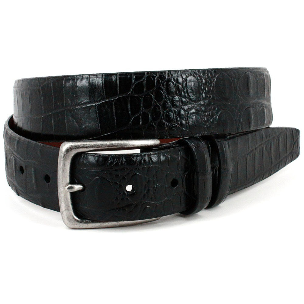 Torino Leather Embossed Hornback Crocodile Calfskin Leather Belt Black