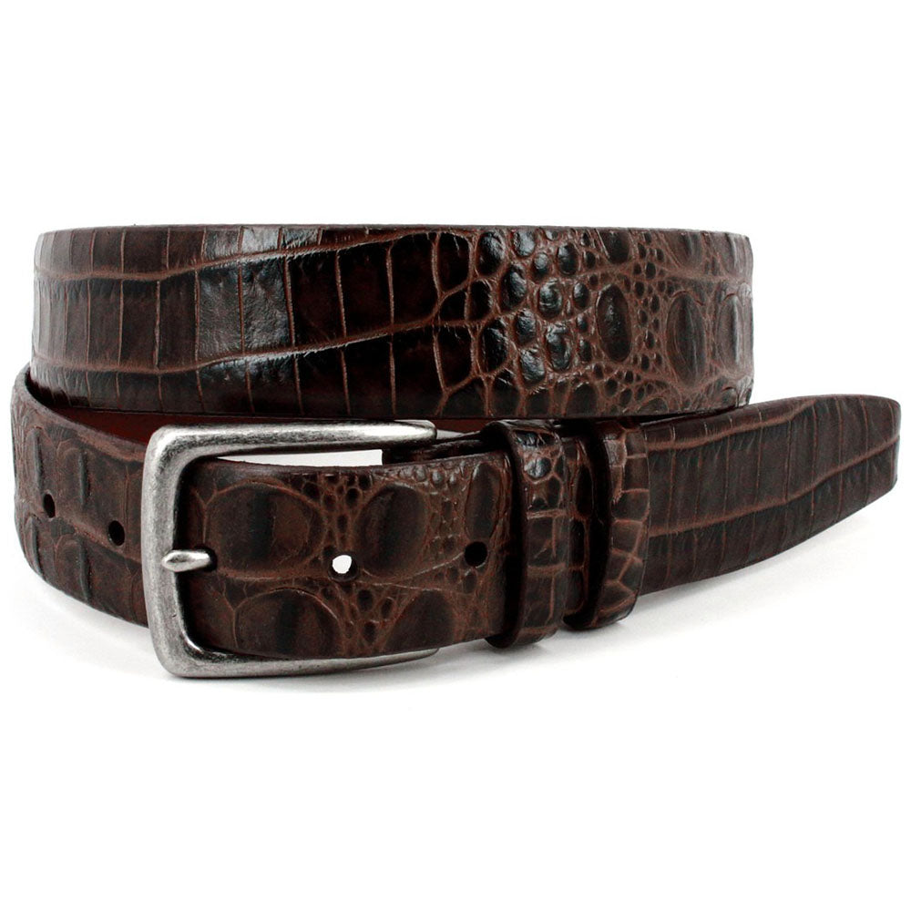 Torino Leather Embossed Hornback Crocodile Calfskin Leather Belt Brown