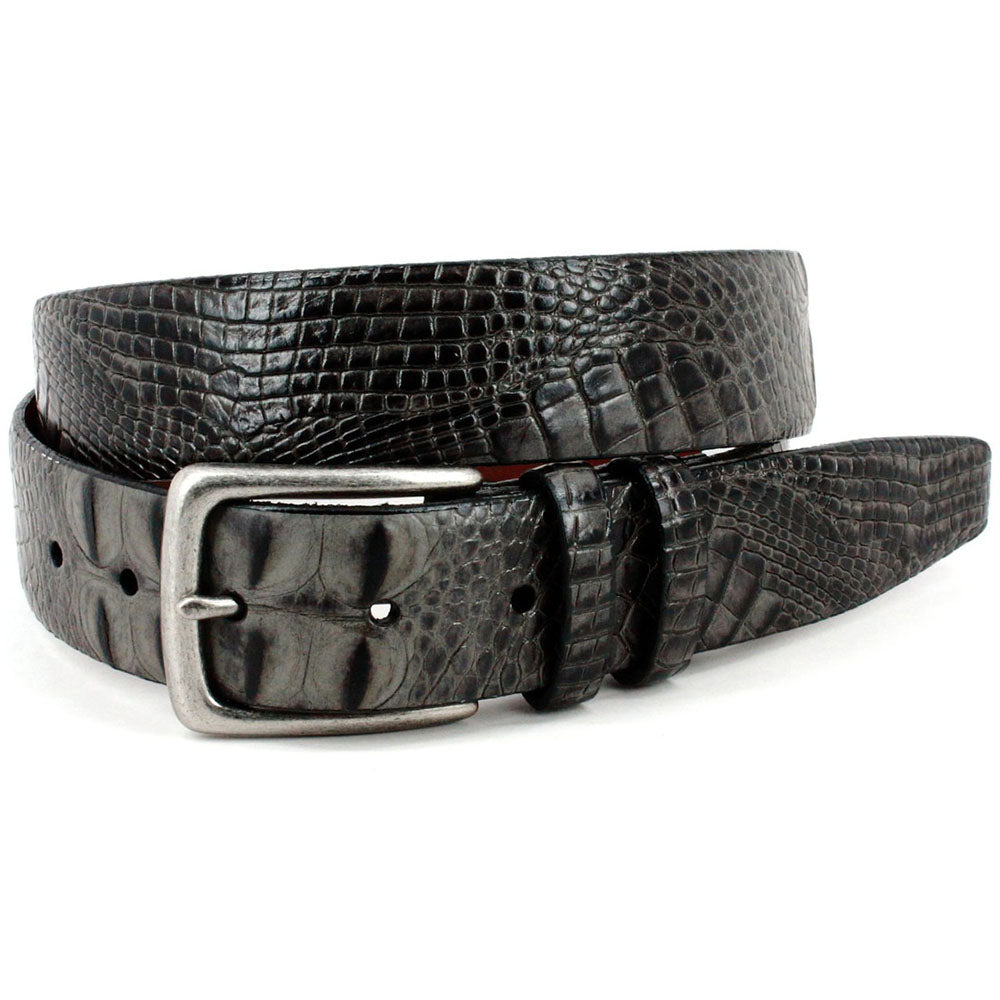 Torino Leather Embossed Hornback Crocodile Calfskin Leather Belt Grey