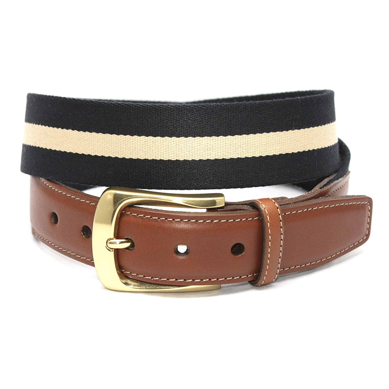 Torino Leather European Ribbed Stripe Surcingle Belt Navy Camel