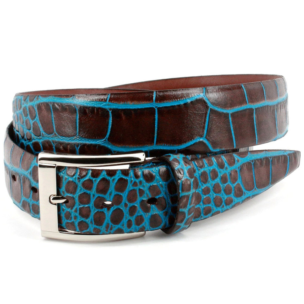 Torino Leather Faux Crocodile Embossed Dress Casual Calfskin Belt Brown/Blue