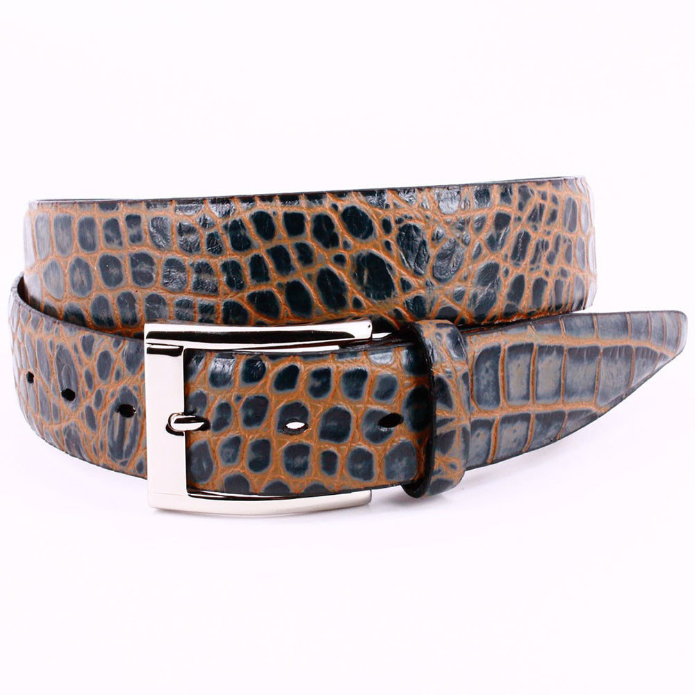 Torino Leather Faux Crocodile Embossed Dress Casual Calfskin Belt Grey/Tan