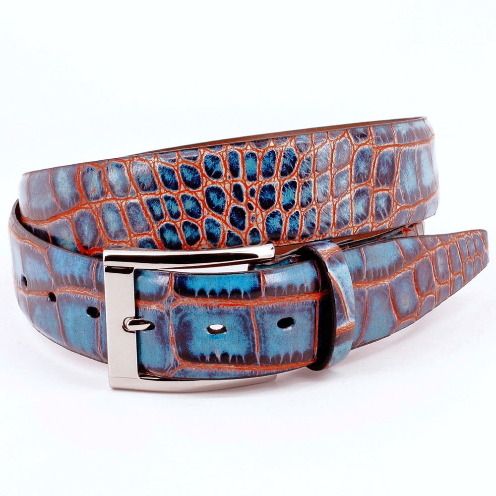 Torino Leather Faux Crocodile Embossed Dress Casual Calfskin Belt Navy/Red