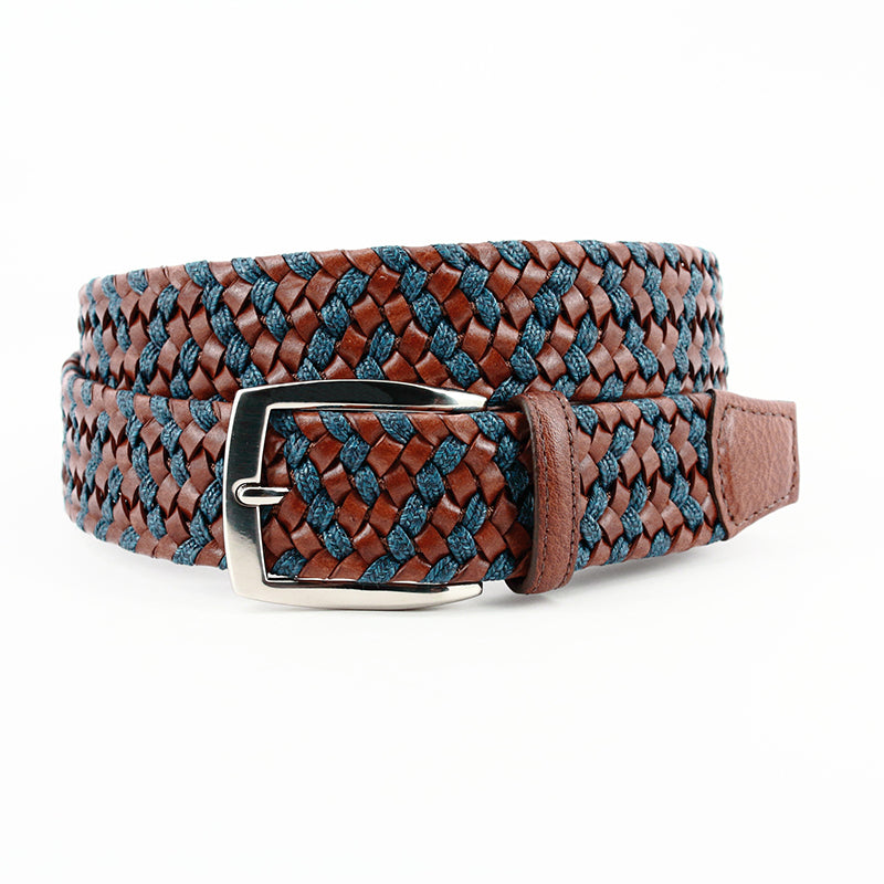 Torino Leather Italian Braided Leather Linen Elastic Belt Cognac Navy