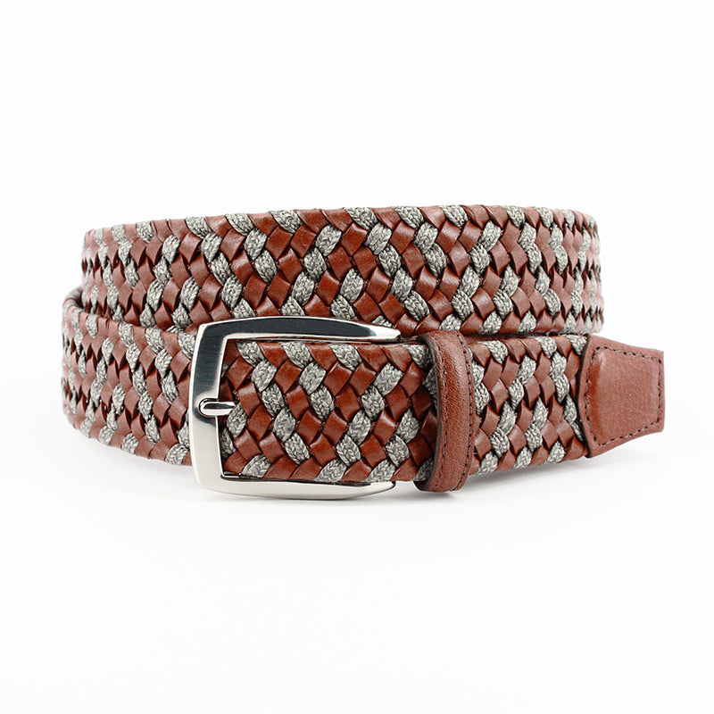 Torino Leather Italian Braided Leather Linen Elastic Belt Cognac Taupe