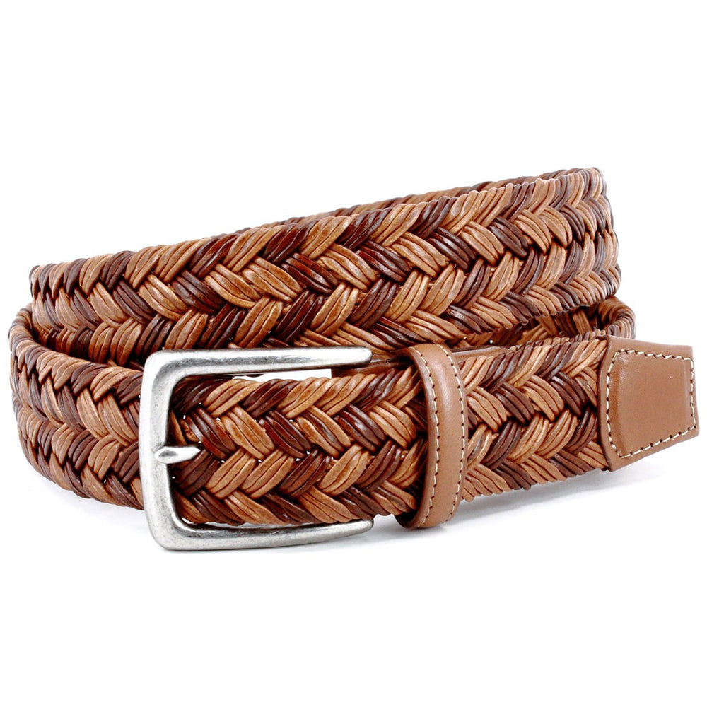 Torino Leather Italian Braided Leather Two Tone Casual Belt Cognac/Tan
