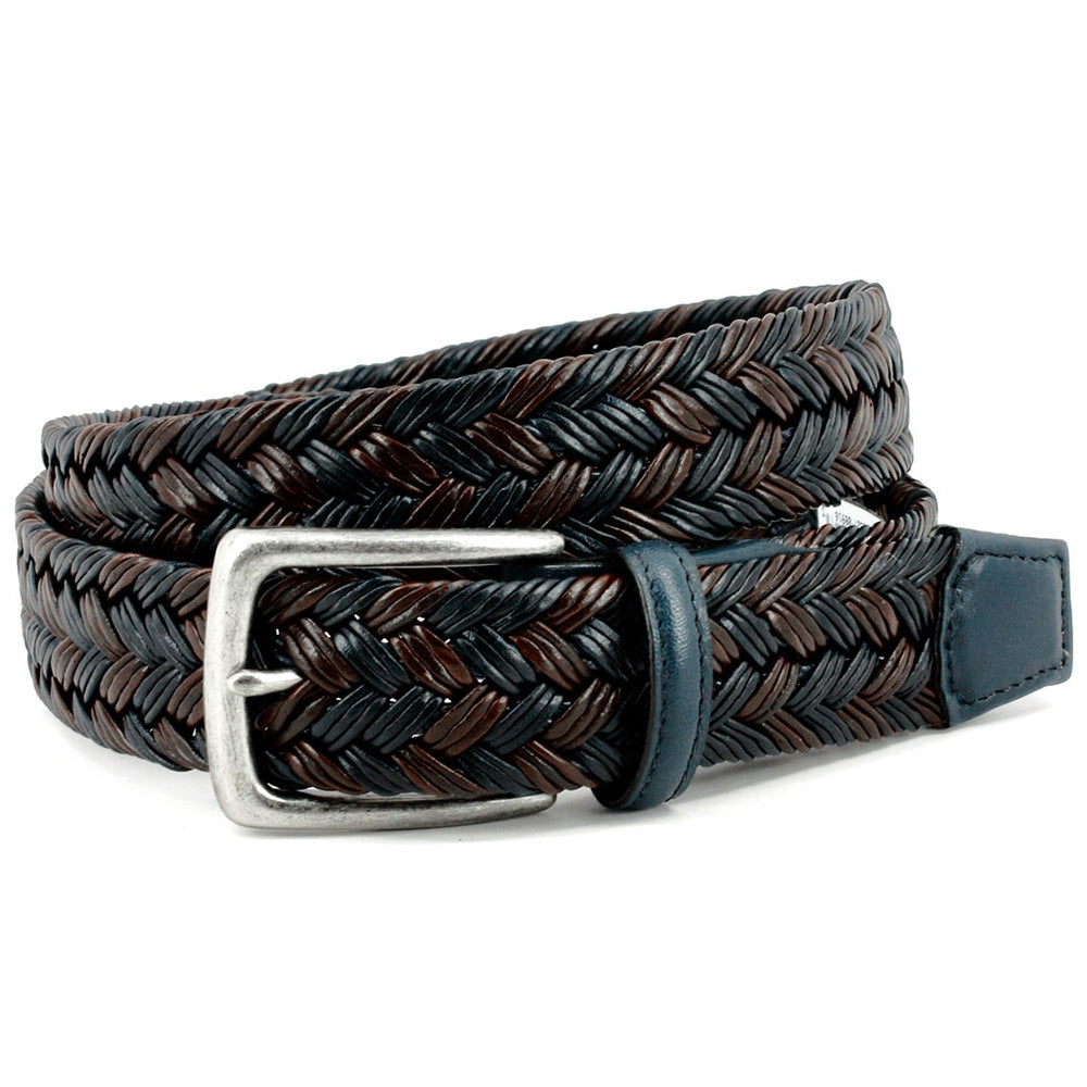 Torino Leather Italian Braided Leather Two Tone Casual Belt Navy/Brown