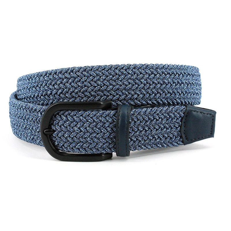 Torino Leather Italian Braided Melange Rayon Elastic Stretch Belt Navy