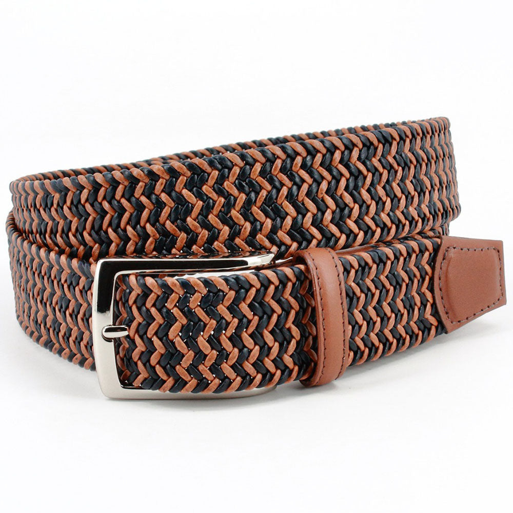 Torino Leather Italian Braided Stretch Leather Cording Belt Tan / Navy