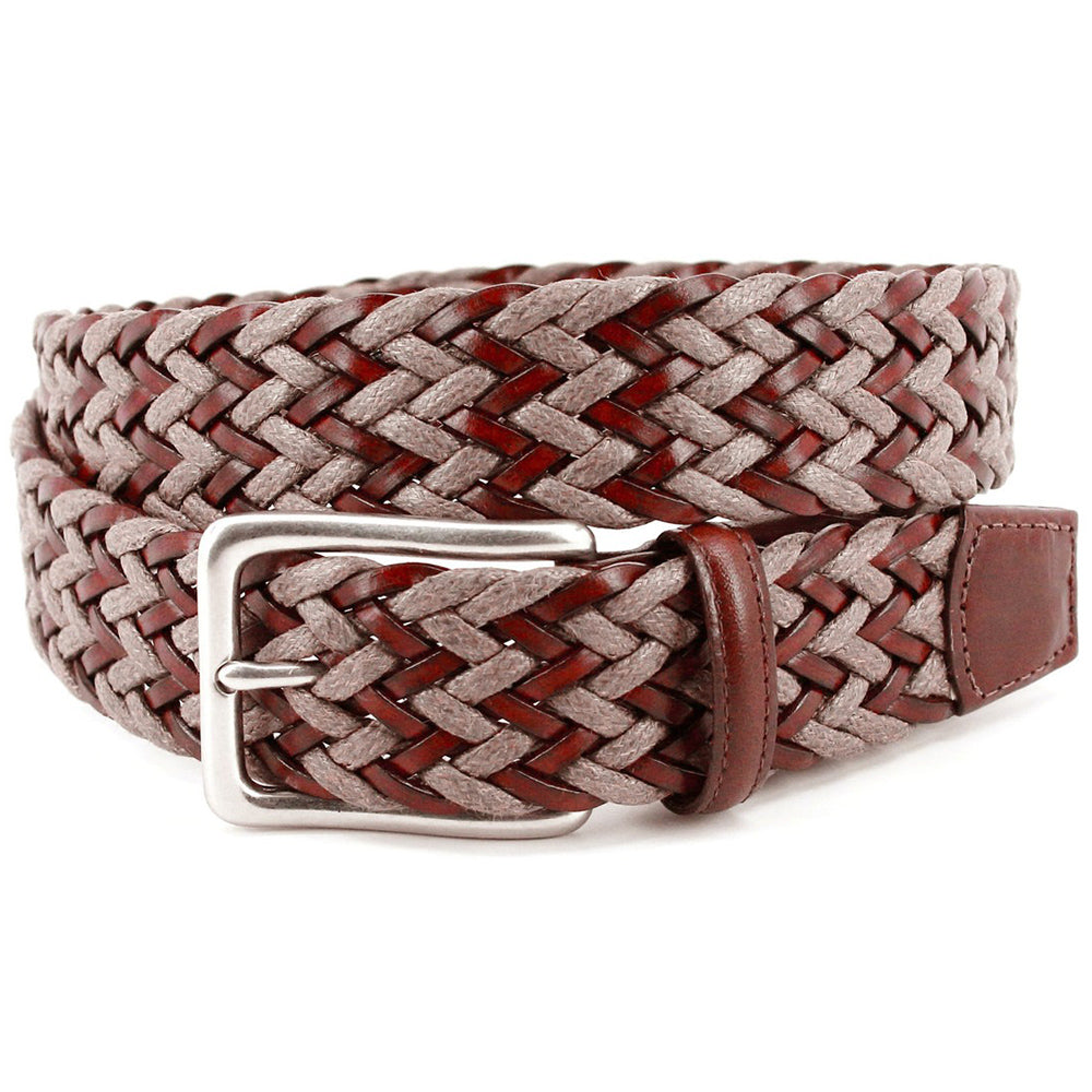 Torino Leather Italian Chevron Braided Leather/Linen Belt Brown/Taupe