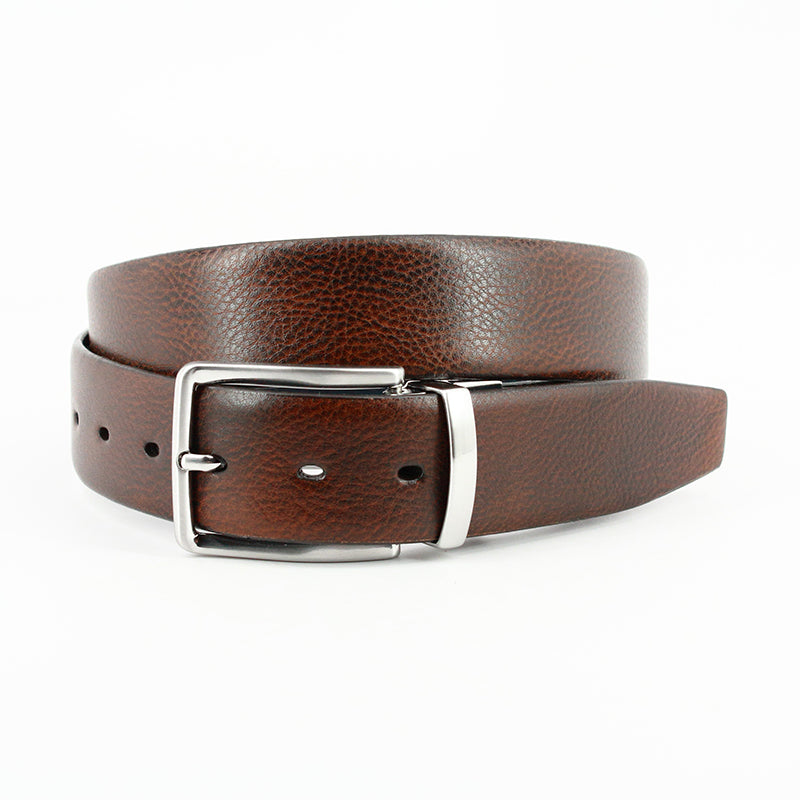 Torino Leather Italian Glazed Milled Calfskin Reversible Belt Brown Navy