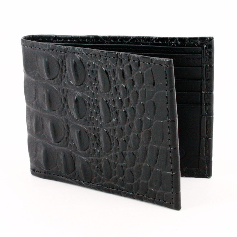 Torino Leather Italian Hornback Croc Calfskin Leather Billfold Wallet Black