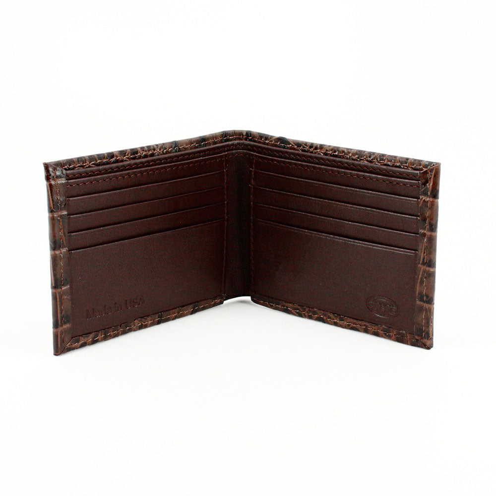 Torino Leather Italian Hornback Croc Calfskin Leather Billfold Wallet Brown