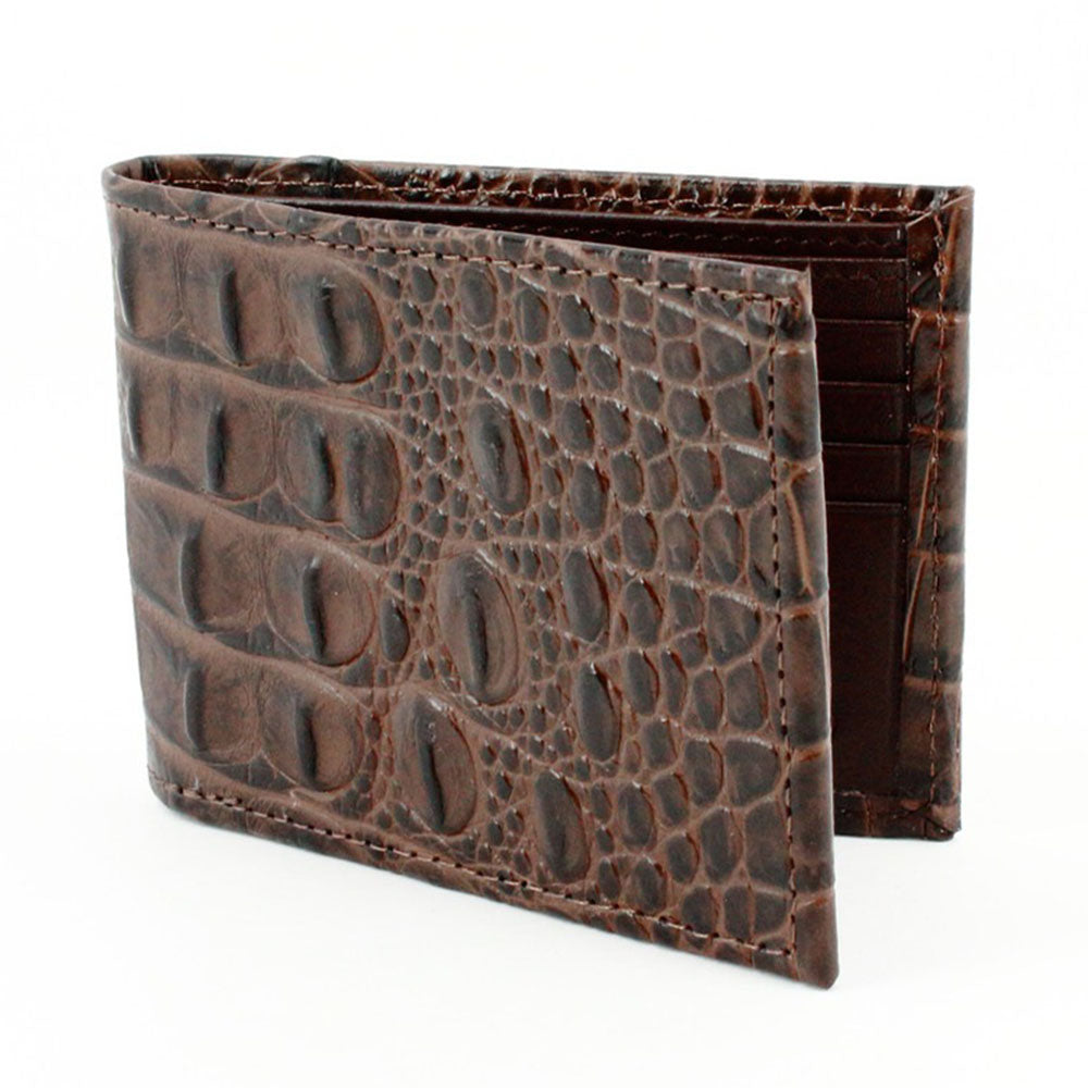 Torino Leather Italian Hornback Croc Calfskin Leather Billfold Wallet Brown