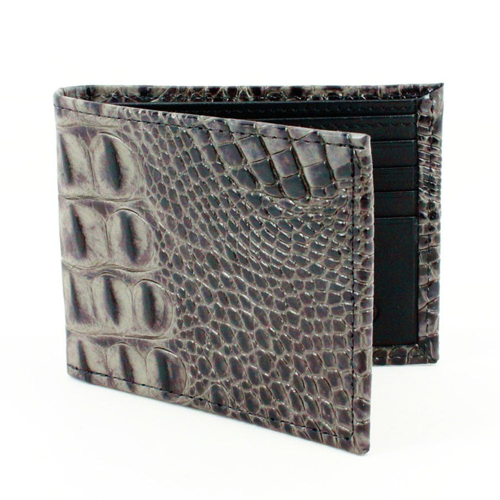 Torino Leather Italian Hornback Croc Calfskin Leather Billfold Wallet Grey