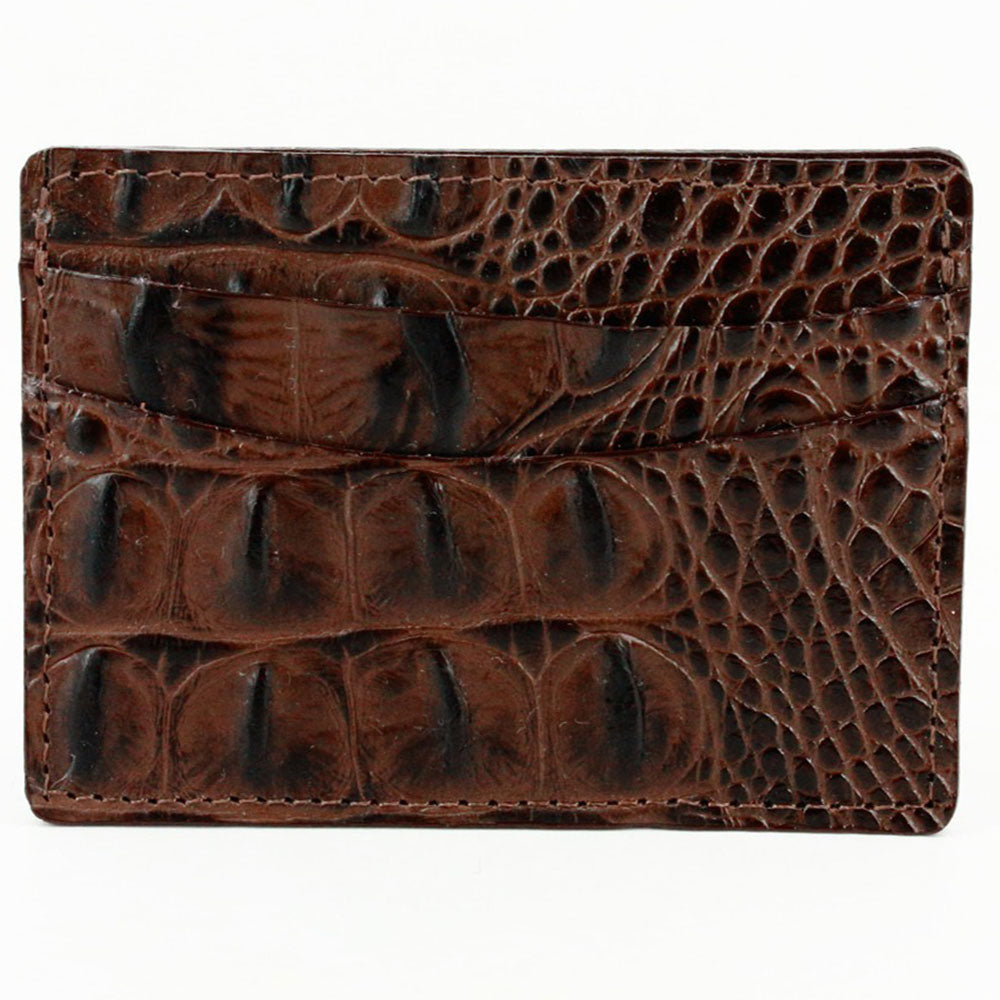 Torino Leather Italian Hornback Croc Calfskin Leather Id Card Case Brown