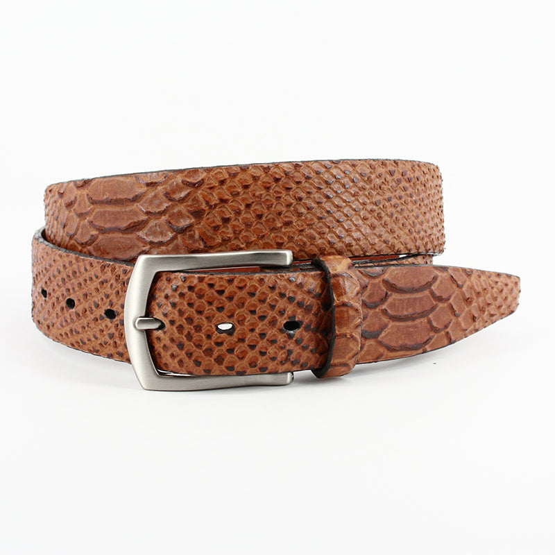 Torino Leather Embossed Anaconda Grain Belt Calfskin Cognac