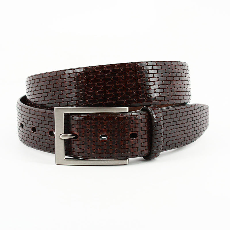 Torino Leather Italian Lasered Geometric Calfskin Belt Brown