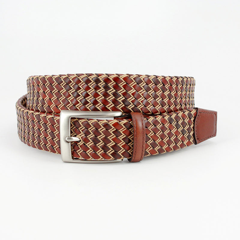 Torino Leather Italian Leather & Cotton Woven Belt Cognac / Natural