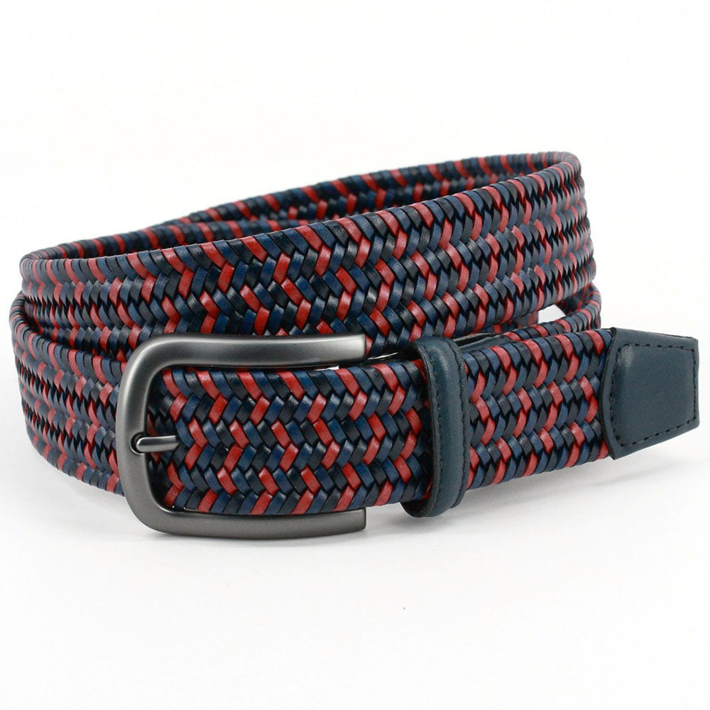 Torino Leather Italian Mini Strand Woven Stretch Leather Belt Navy Multi
