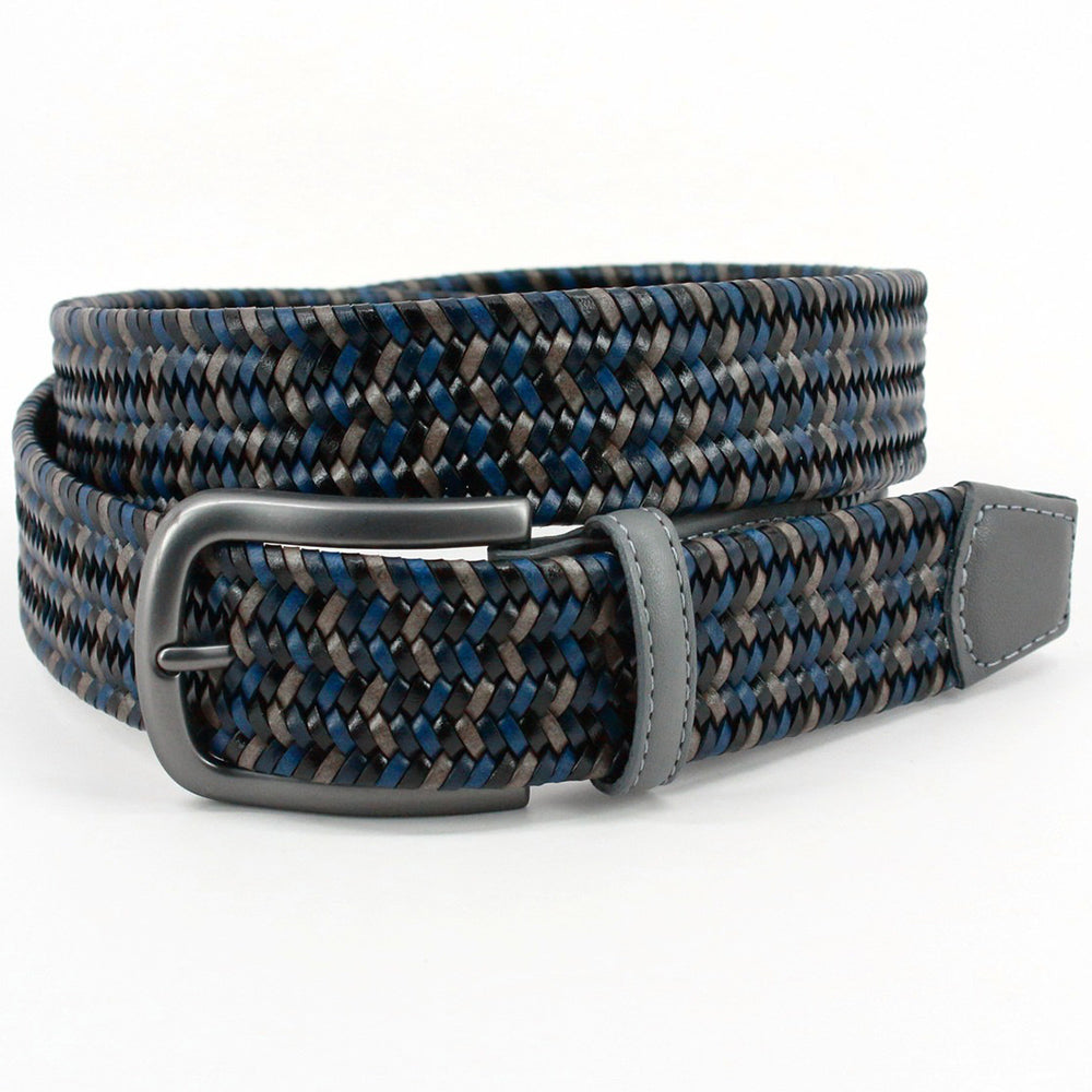 Torino Leather Italian Mini Strand Woven Stretch Leather Casual Belt Grey Multi