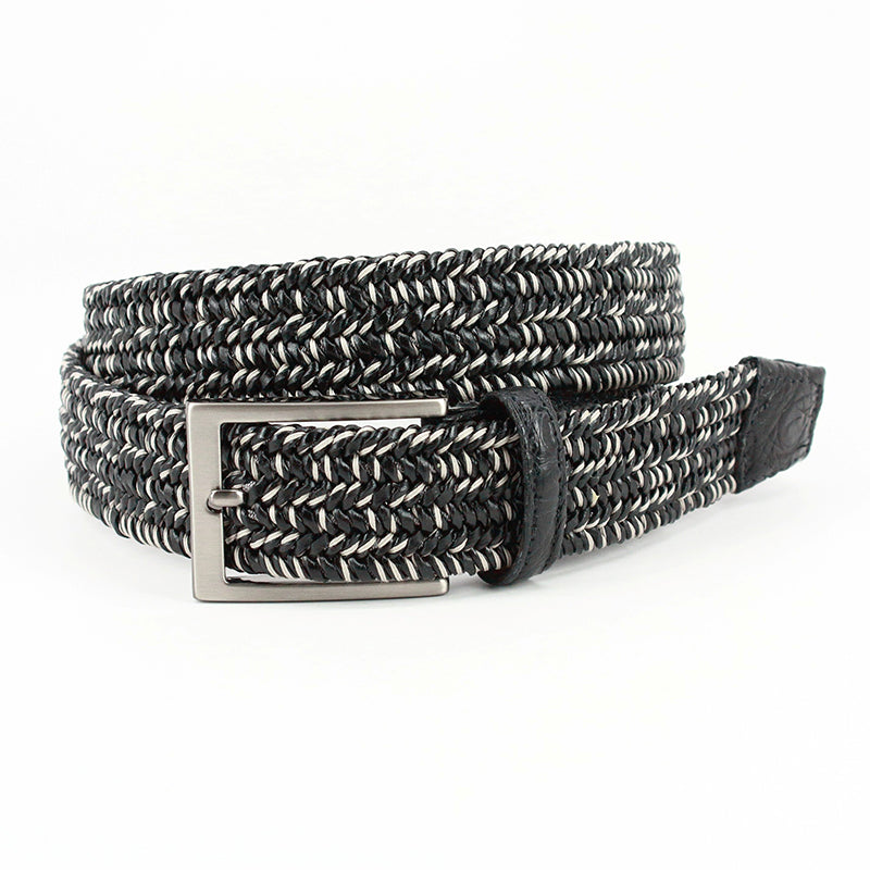 Torino Leather Italian "Twist" Woven Leather & Cotton With Genuine Caiman Tabs Belt Black