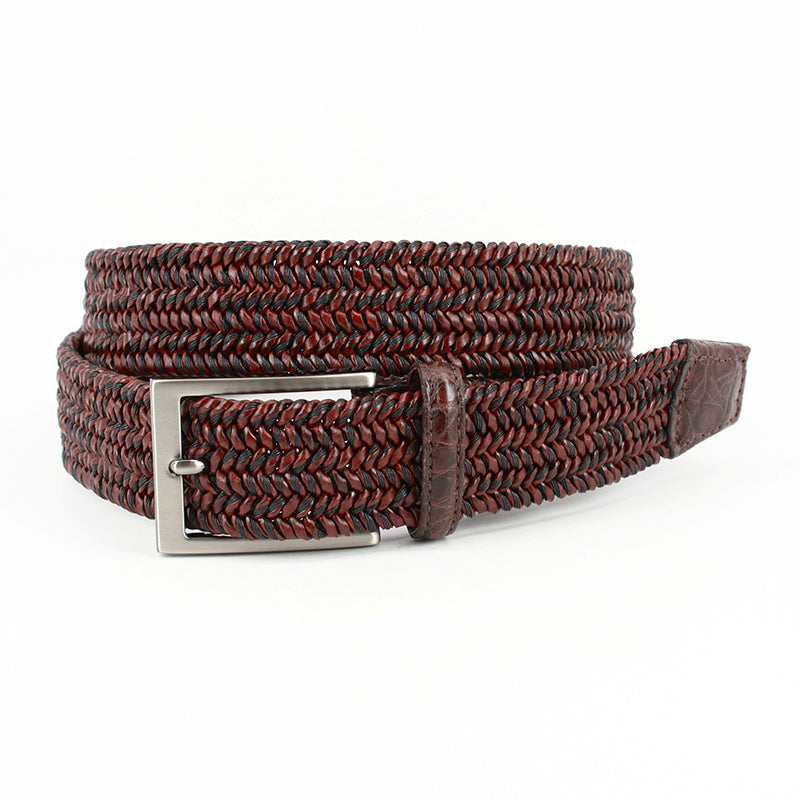 Torino Leather Italian "Twist" Woven Leather & Cotton With Genuine Caiman Tabs Belt Brown