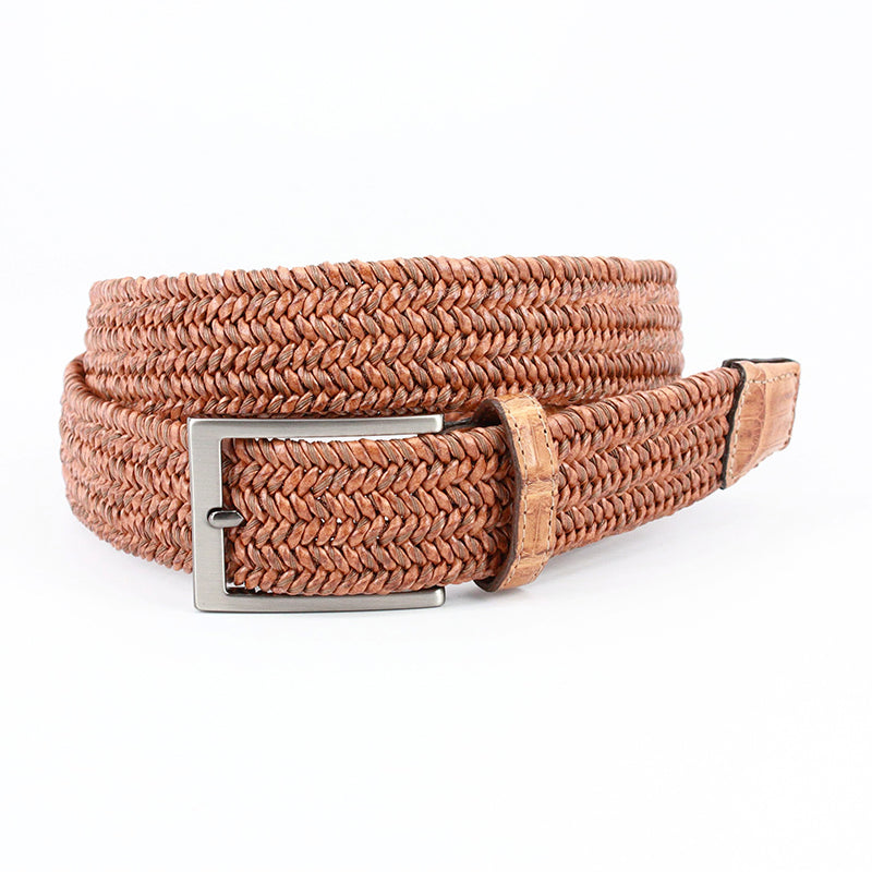 Torino Leather Italian "Twist" Woven Leather & Cotton With Genuine Caiman Tabs Belt Saddle