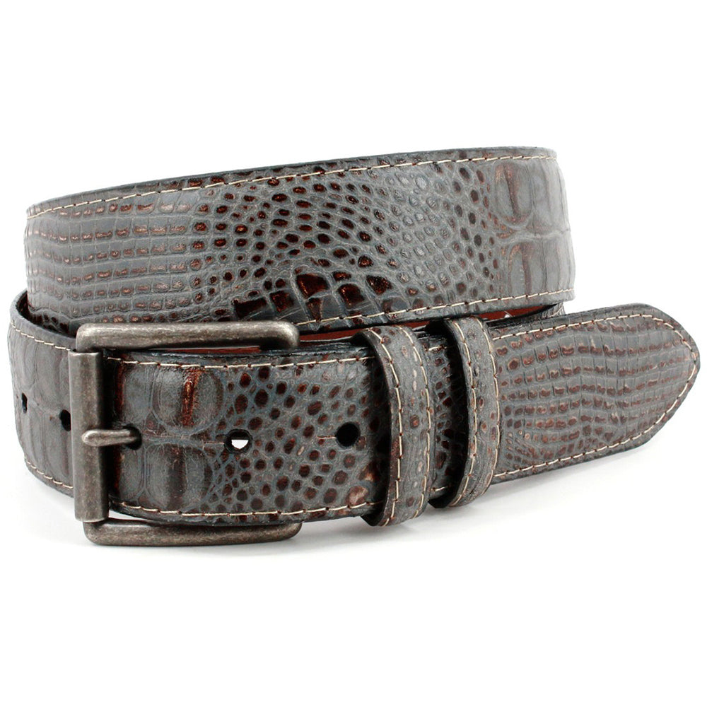 Torino Leather Italian Washed Crocodile Embossed Calfskin Casual Belt Grey