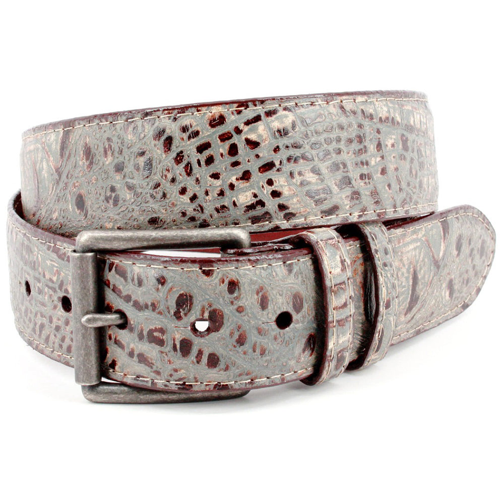 Torino Leather Italian Washed Crocodile Embossed Calfskin Casual Belt Taupe
