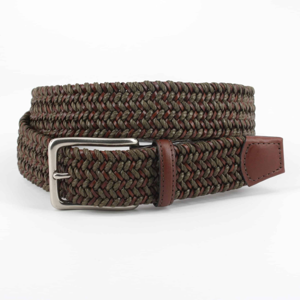 Torino Leather Italian Cotton & Woven Leather Belt Olive / Cognac