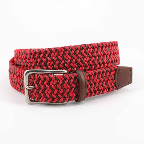 Torino Leather Italian Cotton & Woven Leather Belt Red / Cognac
