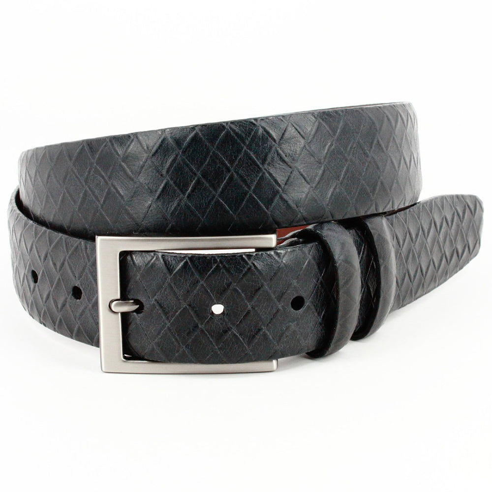 Torino Leather Italian Woven Embossed Calfskin Dress Casual Belt Black