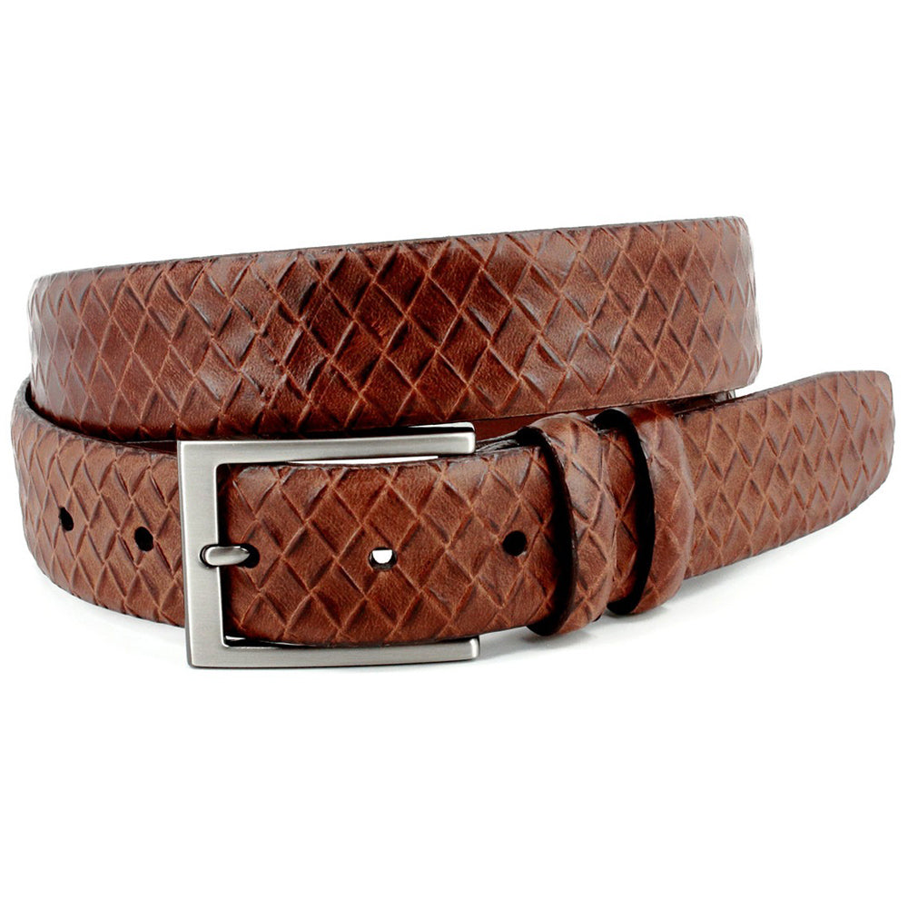 Torino Leather Italian Woven Embossed Calfskin Dress Casual Belt Cognac