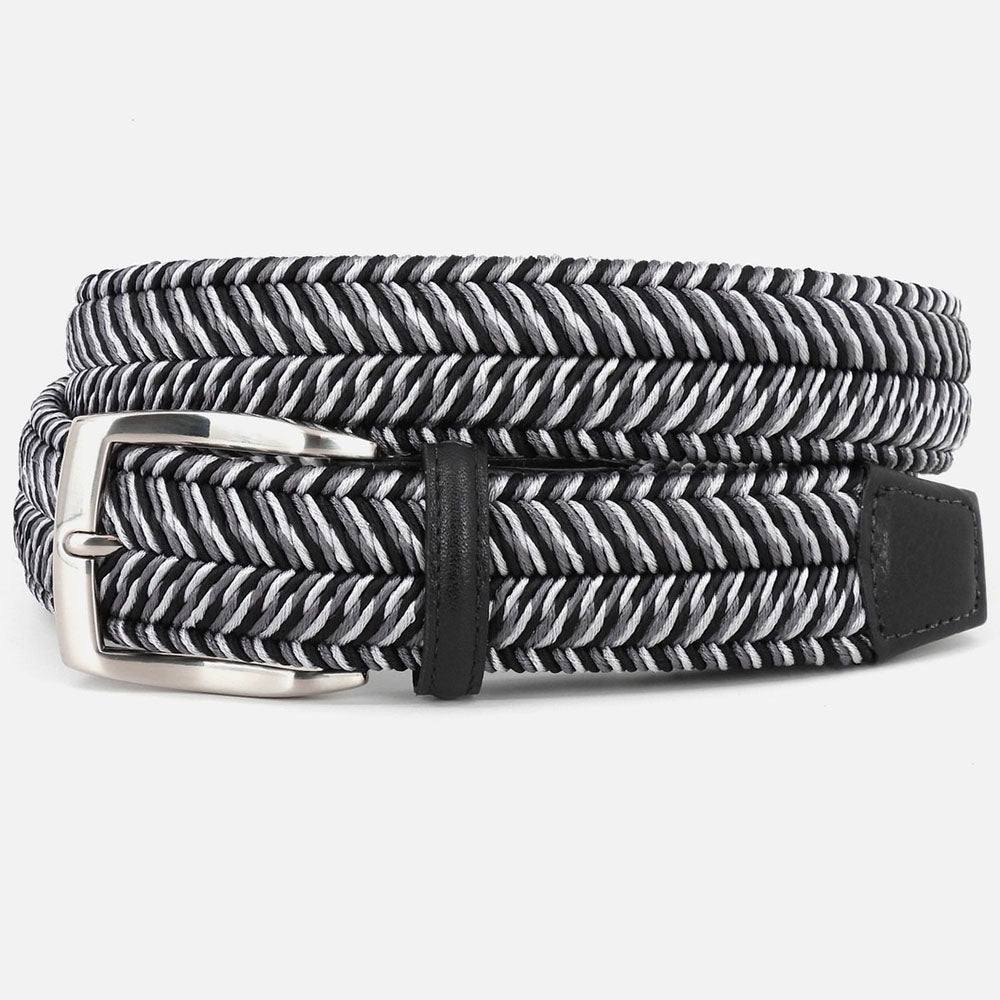 Torino Leather Italian Woven Herringbone Rayon Stretch Belt Black / Grey Multi