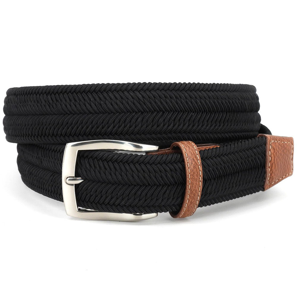 Torino Leather Italian Woven Herringbone Rayon Stretch Belt Black
