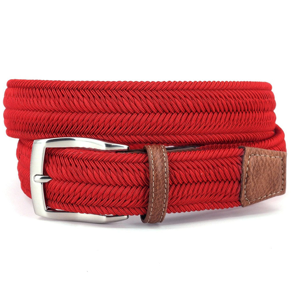Torino Leather Italian Woven Herringbone Rayon Stretch Belt Red